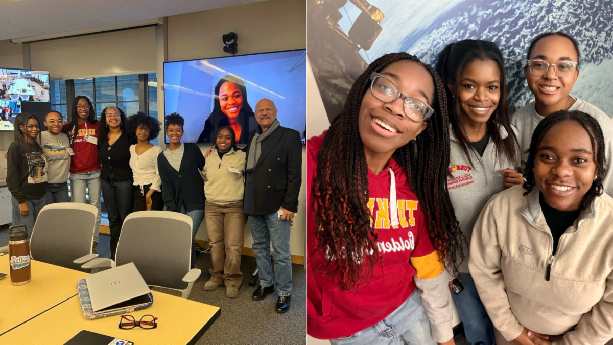 Two-part image: On the left, a group in a conference room with screens. On the right, a selfie of four individuals against a space-themed background.