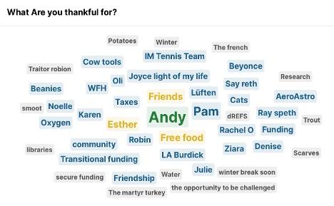 What Are you thankful for? Potatoes, Winter, The french, Traitor robion, Cow tools, IM Tennis Team, Beyonce, Oil, Joyce light of my life, Say reth, Research, WFH, Friends, Lüften, Cats, AeroAstro, smoot, Noelle, Taxes, Esther, Andy, Pam, dREFS, Ray speth, Funding, Oxygen, Friends, community, Robin, Rachel O, Karen, LA Burdick, Ziara, Denise, Scarves, libraries, Transitional funding, Water, Julie, winter break soon, secure funding, Friendship, the opportunity to be challenged, The martyr turkey, Free food.