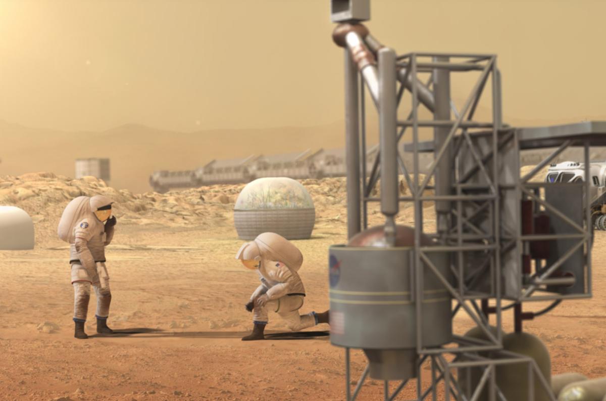 Digital image of two astronauts, one standing and one kneeling on Mars. In the background, red hills and a grey train. Large metal scaffolding in the right foreground.