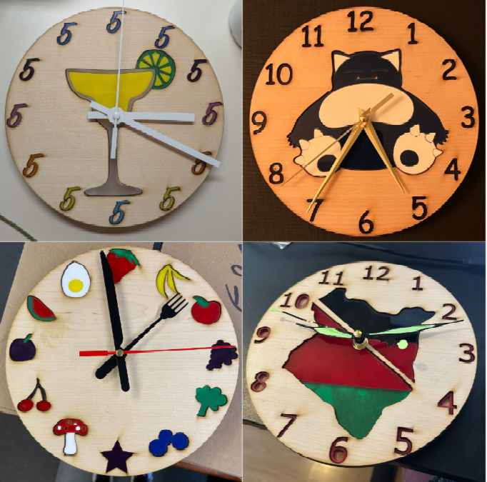 A collage of four themed wooden clocks featuring a margarita glass, a lounging cat, assorted foods, and an Africa map design.  Transcribed Text:  Top left clock: Only the number 5 is present. Top right clock: Numbers 1 to 12. Bottom left clock: No numbers, only food items. Bottom right clock: Numbers 1 to 12.