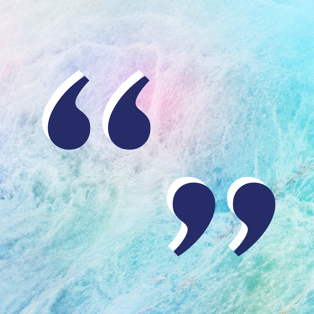 Blue quotation marks on a pale pink and blue background