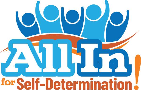 Logo says "All In for Self-Determination!" In the background, blue figures dance above two orange stripes.