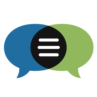 The Communication First logo. A blue and green text bubble overlap, and the overlap is black with white lines to indicate communication.
