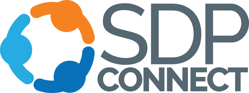 The SDP Connect logo. Three figures that are orange, dark blue, and light blue extend their arms towards each other, forming a circle. The text "SDP CONNECT" is written next to the figures in gray text.