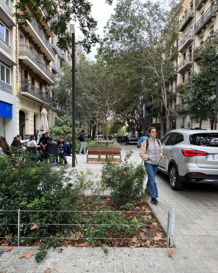 A woman walking and a car passing by a planted area.