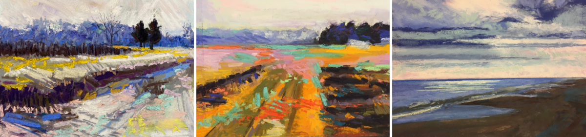 Three of Siobhan Duggans abstract pastel drawings of scenes from coastal Delaware featuring fields and ocean scenes in a row