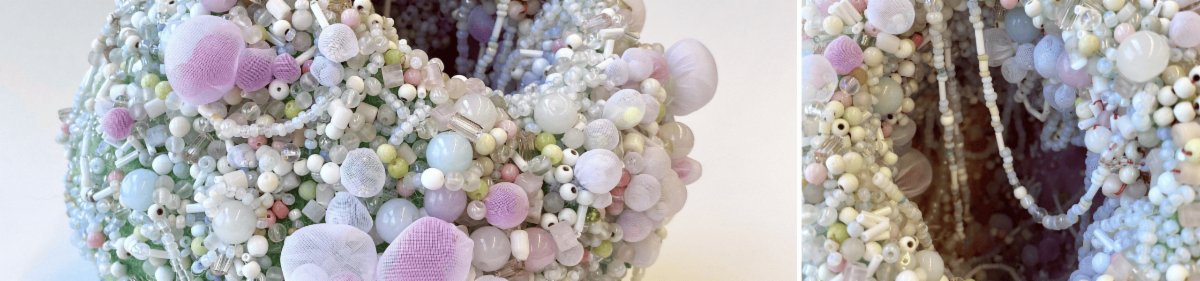 Two shots of the same piece of art by Shari Dierkes from different angles The piece looks like a small bowl or vase made from and covered in pastel beads of various sizes and fabric
