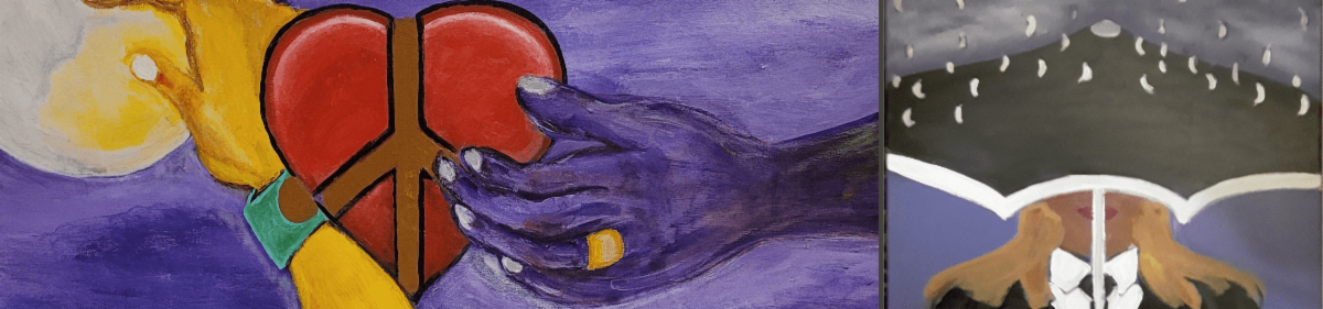 Theresa Angela Taylors paintings Moon To Heart featuring a yellow hand holding a yellow moon and a purple hand holding a red heart and I Want Purple Rain featuring a woman holding an umbrella in the rain