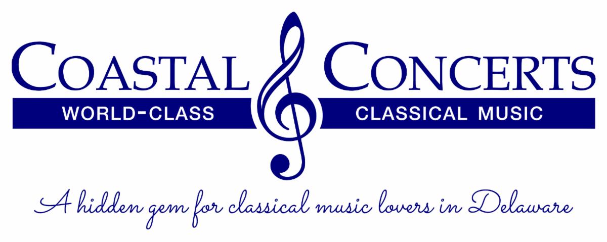 Coastal Concerts logo consists of Coastal Concerts written in dark blue font above world class classical music written in white font on dark blue bar in the middle of logo is a treble clef Tagline below a hidden gem for classical music lovers in Delaware