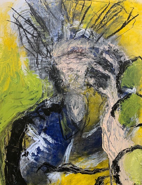 YOU USED TO CALL ME ON MY CELL PHONE an abstract painting by Mia Muratori of a person on the phone on a yellow and green background