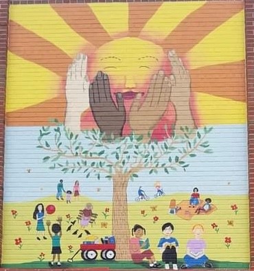 A mural painted onto a brick wall that features people enjoying the outdoors all under a tree that reaches up into the sky with four hands of differing skin tones as its top that are holding a bright smiling sun together