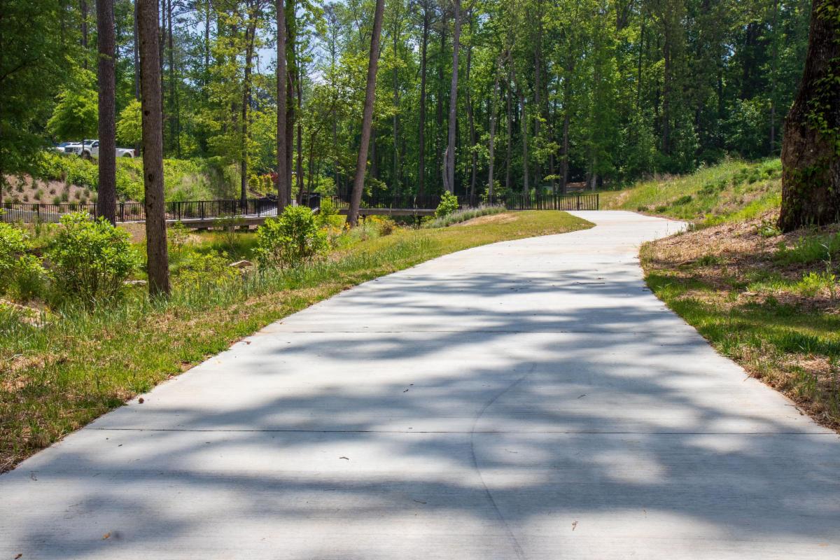 photo of a paved walking trail going through the woods