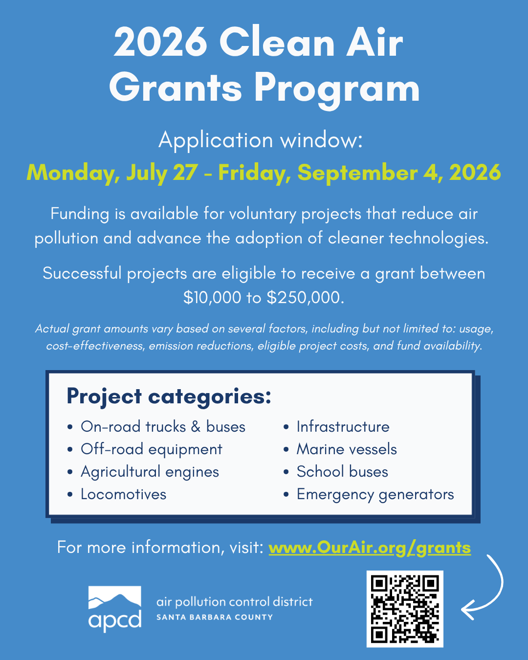 2026 Clean Air Grants Program: apply by September 4 for $10,000 to $250,000 in funding for eligible clean-air projects.