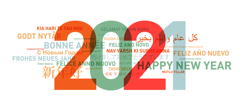 Happy new year 2021 card from the world in different languages