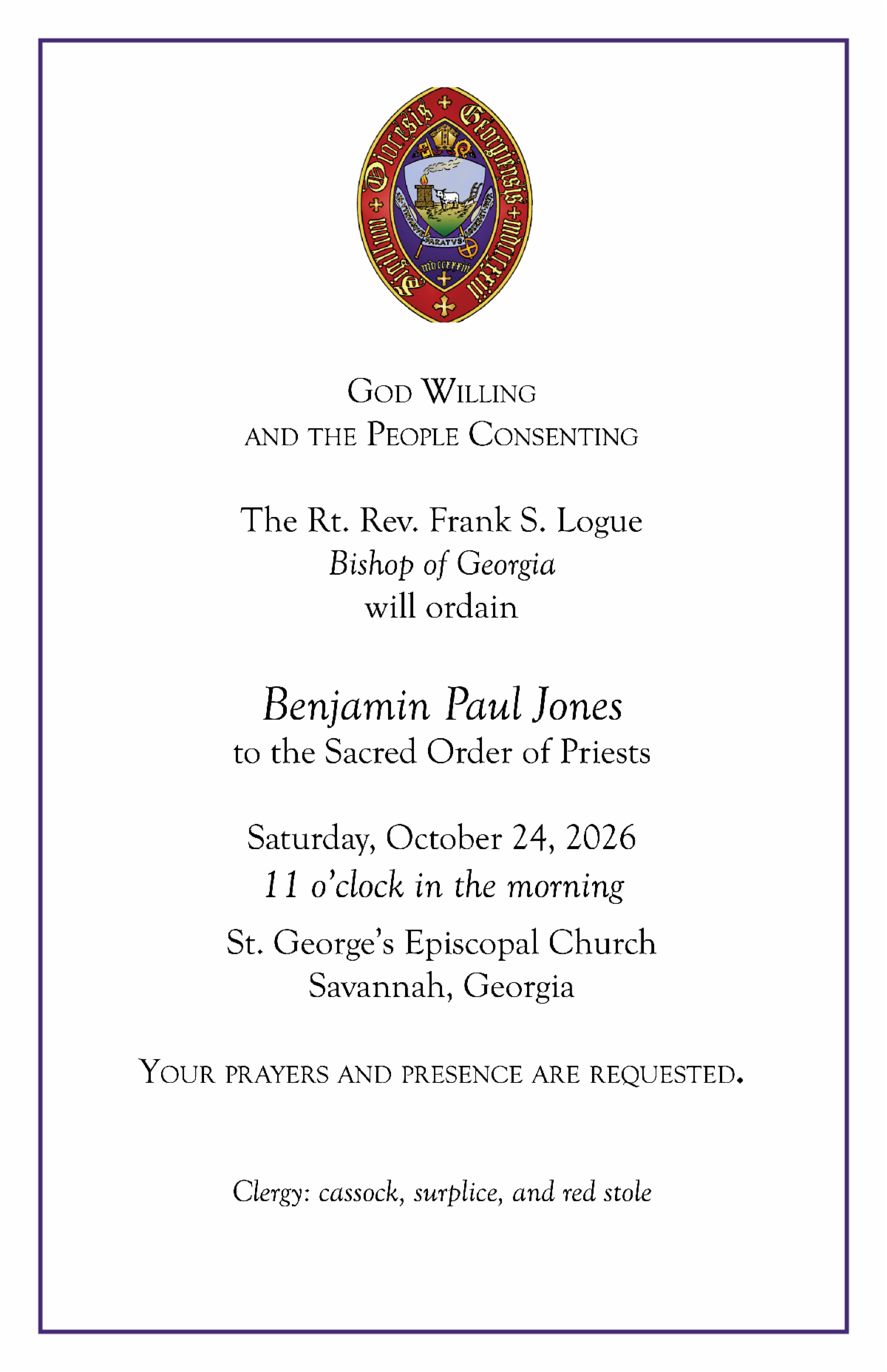 Invitation to Ben Jones' Ordination