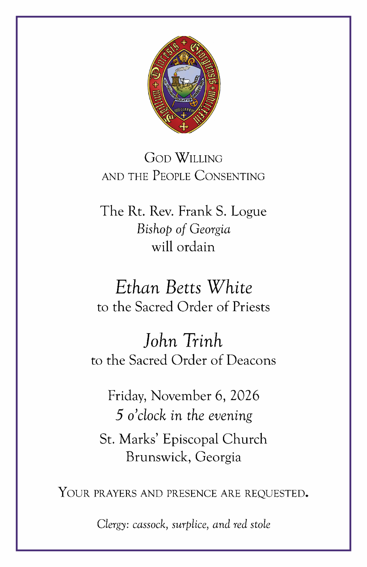 Invitation to Ethan White and John Trinh's Ordination