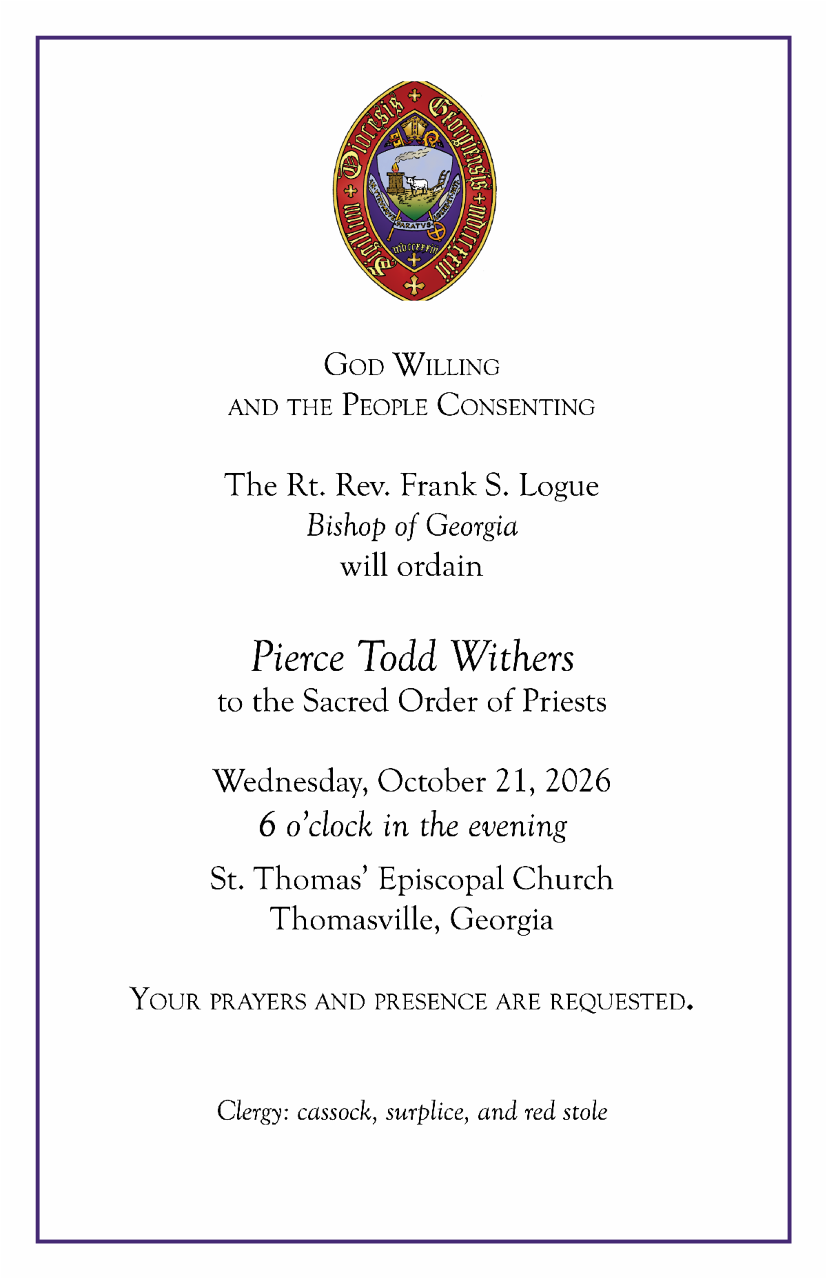 Invitation to Pierce Withers' Ordination