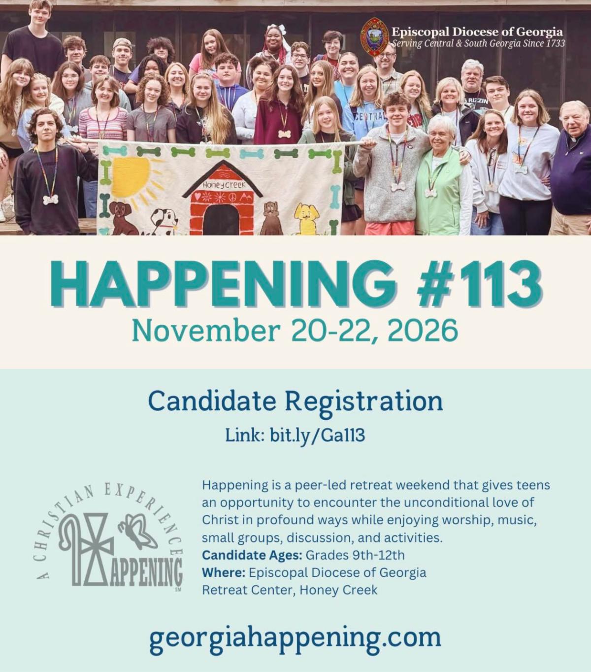 A flyer with information for Happening 113