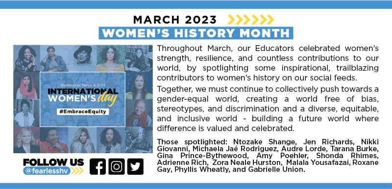 Women's History Month. Throughout March our Educators celebrated women's strength resilience and countless contributions to our world by spotlighting some inspirational trailblazing contributors to women's history on our social feeds.