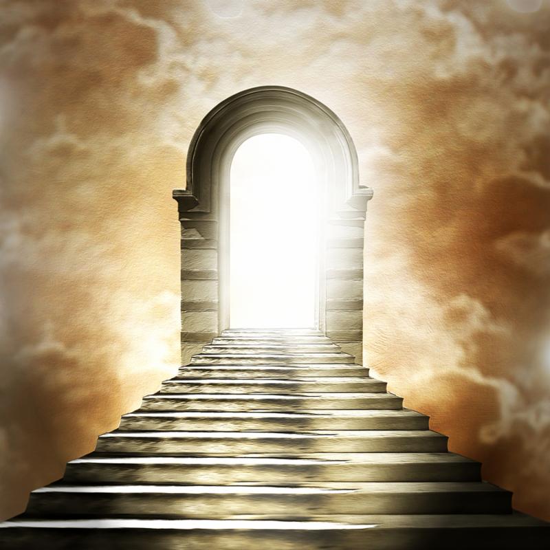 Staircase leading to heaven or hell. Light at the End of the Tunnel