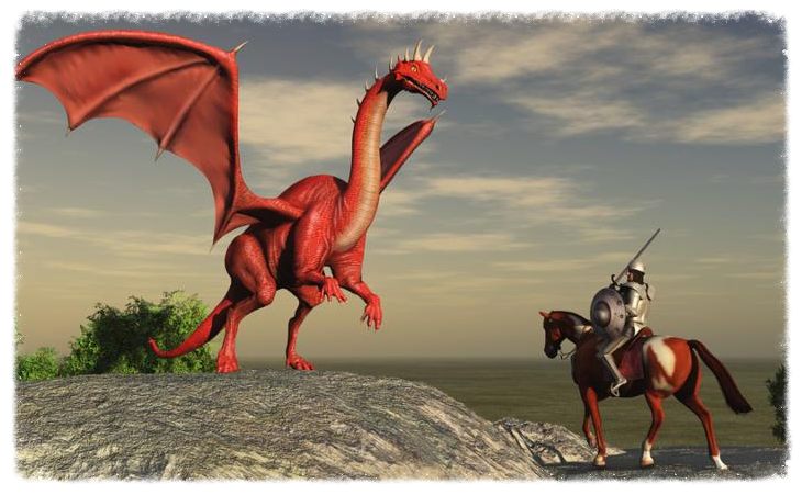 Knight about to fight with a dragon