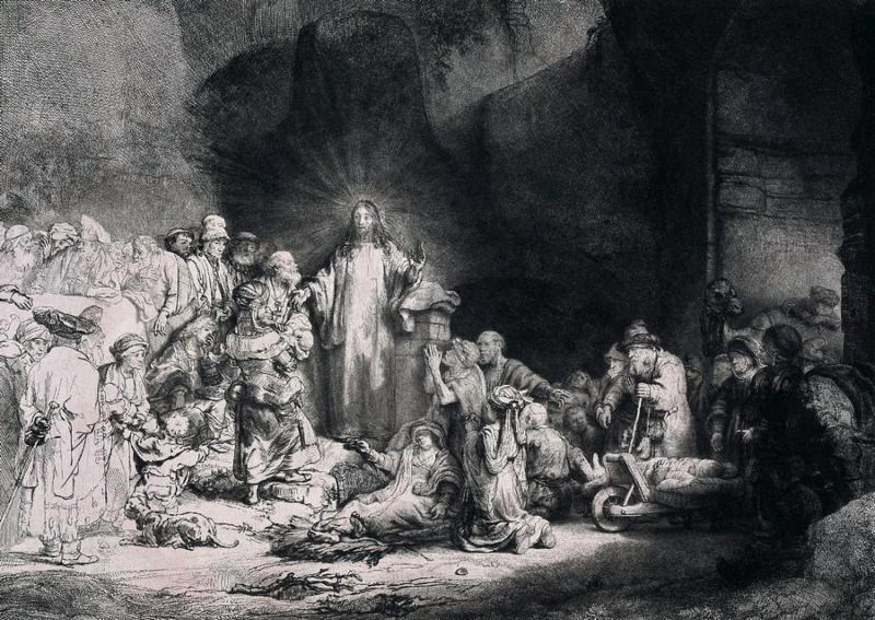Engraving of Jesus Christ preaching to a crowd of people. Engraving by Dutch artist Rembrandt van Rijn entitled  The hundred gilder print  between 1647-1649. Public domain image by virtue of age.