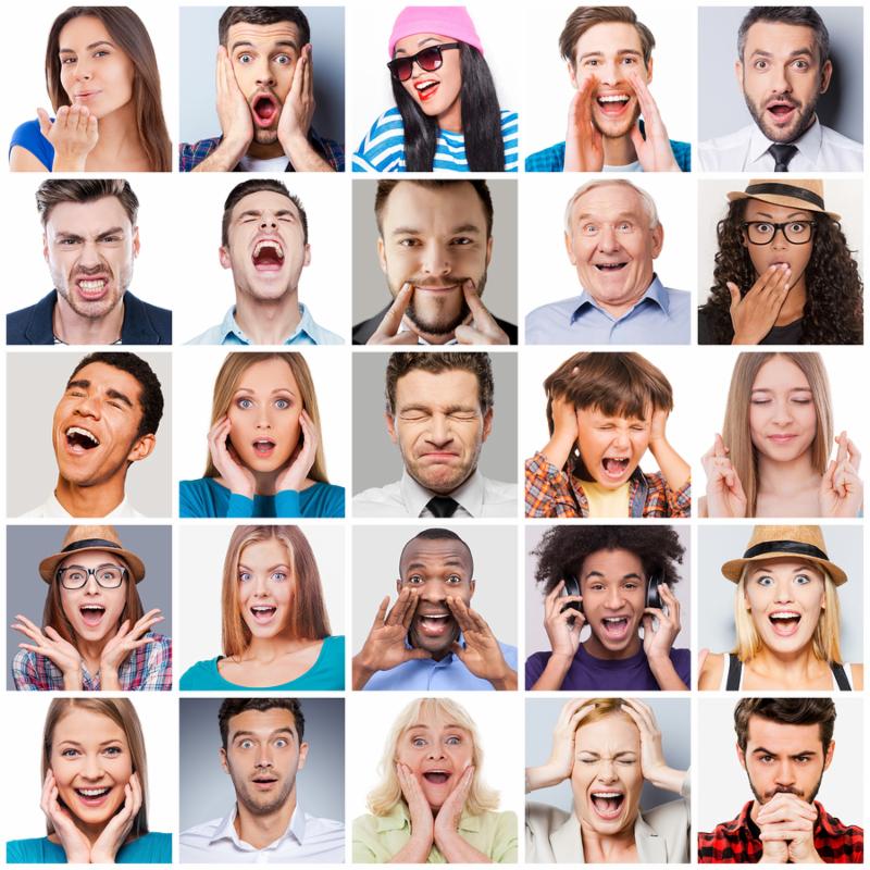 Collage of diverse multi-ethnic and mixed age range people expressing different emotions