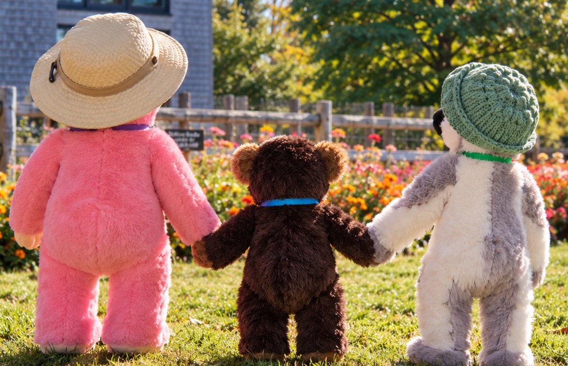 Three stuffed animals holding hands on the grass in front of a farm garden