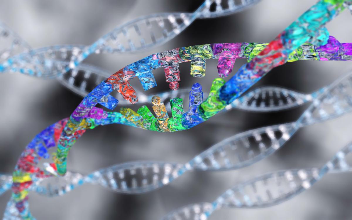 Graphic of a strand of DNA with rainbow colors