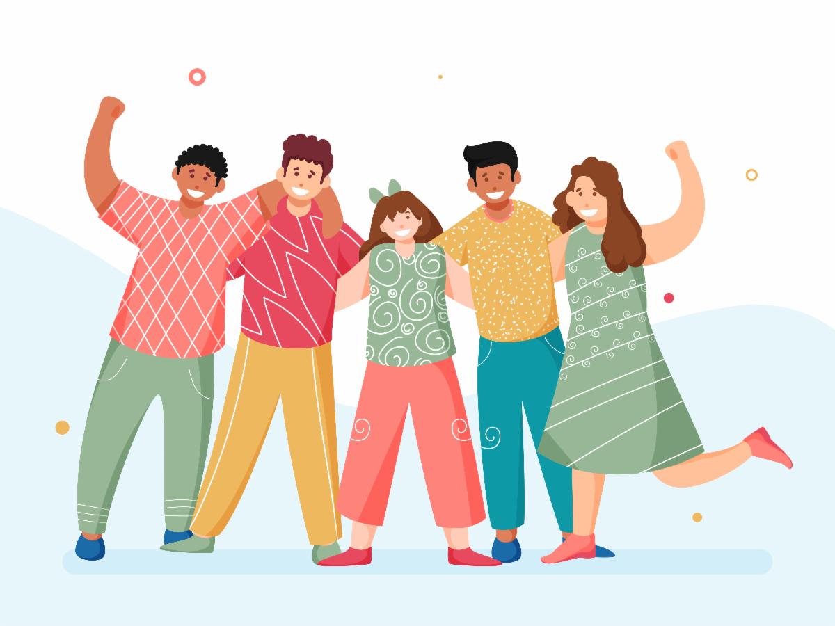 A graphic of a group of youth wearing colorful clothing and standing arm in arm and smiling