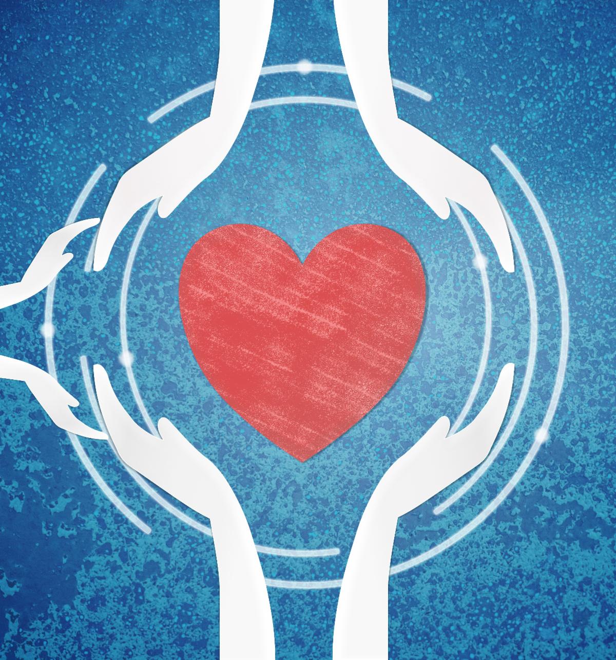 A graphic showing two large pairs and one small pair of hands surrounding a red heart on a blue background