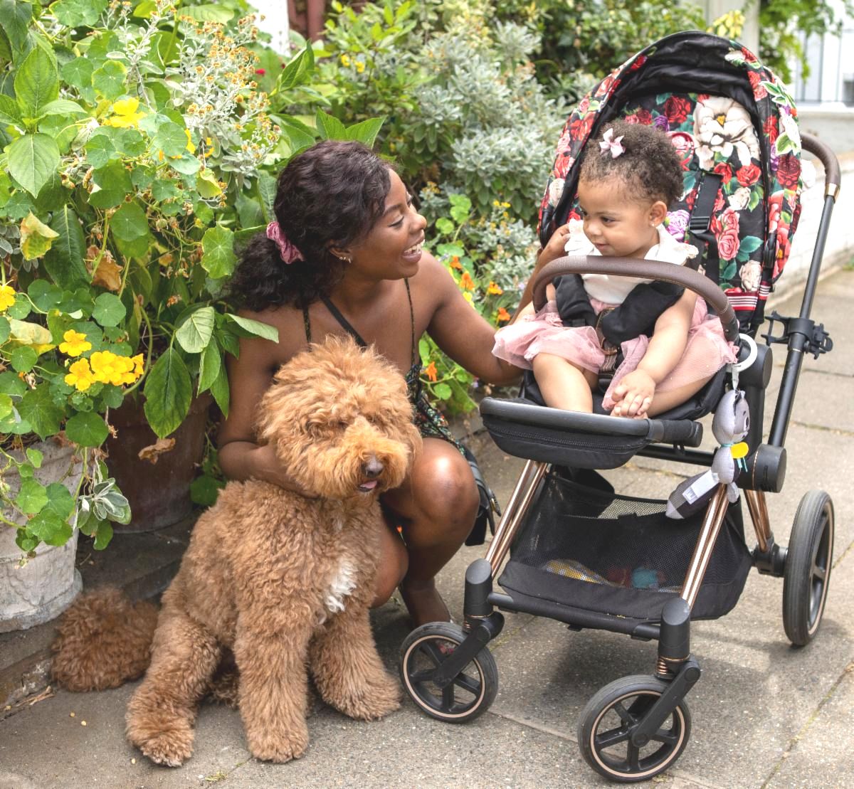 An adult kneels and smiles at a baby in a stroller while petting a brown fluffy doodle dog