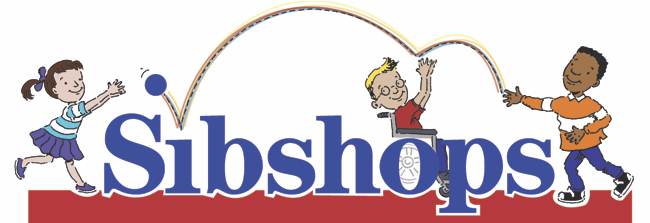 The Sibshops logo that has the words Sibshops while three children bounce a ball in the background