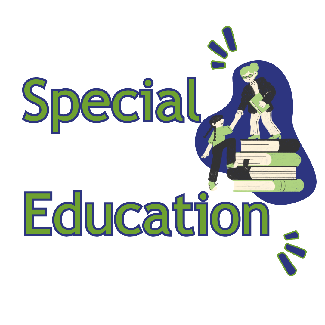 A blue and green graphic depicts a person helping a student climb a pile of books, with the words "Special Education" written