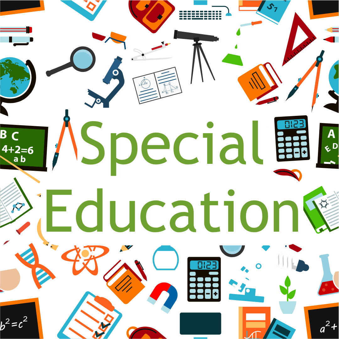 A graphic that says Special Education with school supplies floating all around it