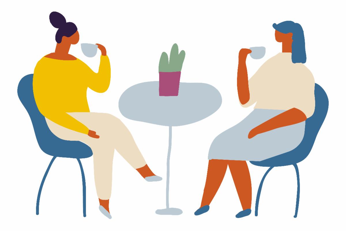 A graphic with two people sitting at a table and drinking coffee/tea and talking