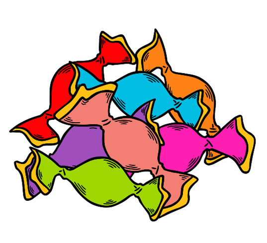 Image of oval shaped candy wrappers that are multiple colors
