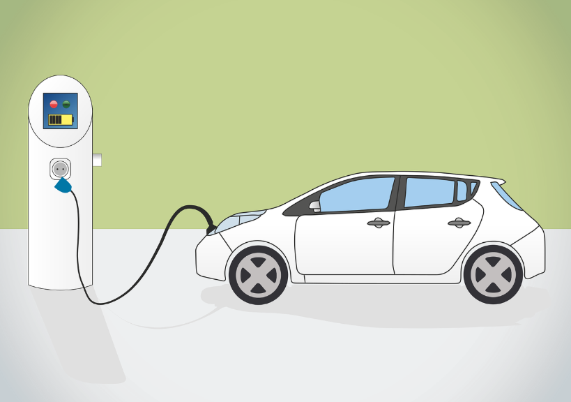white electric car with a green background plugged into a charging station