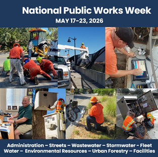 images of Public Works staff in the field doing work on blue background