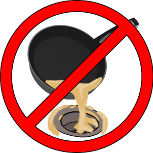 Image of a black pan with grease being poured down the sink drain with a red prohibited symbol over it