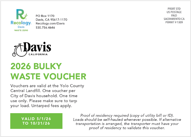 postcard with 2026 Bulky Waste Voucher on it and Recology and City of Davis logos