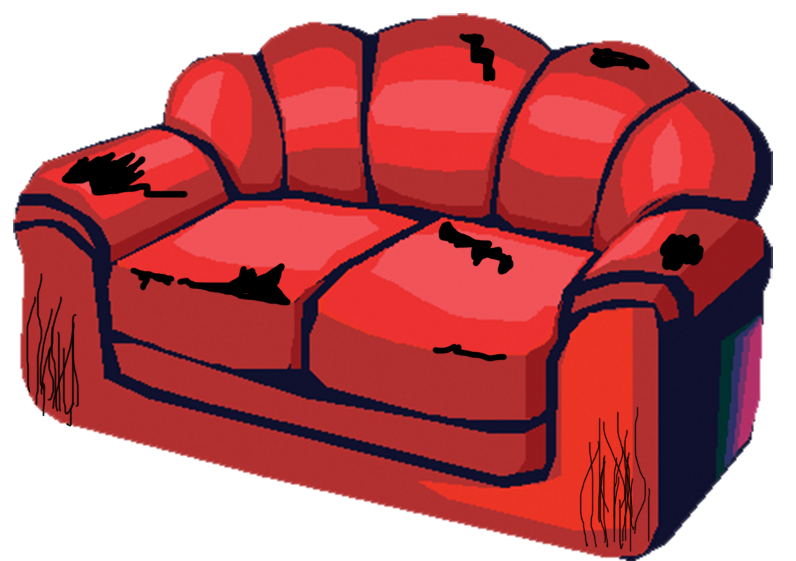 red sofa with tears in it
