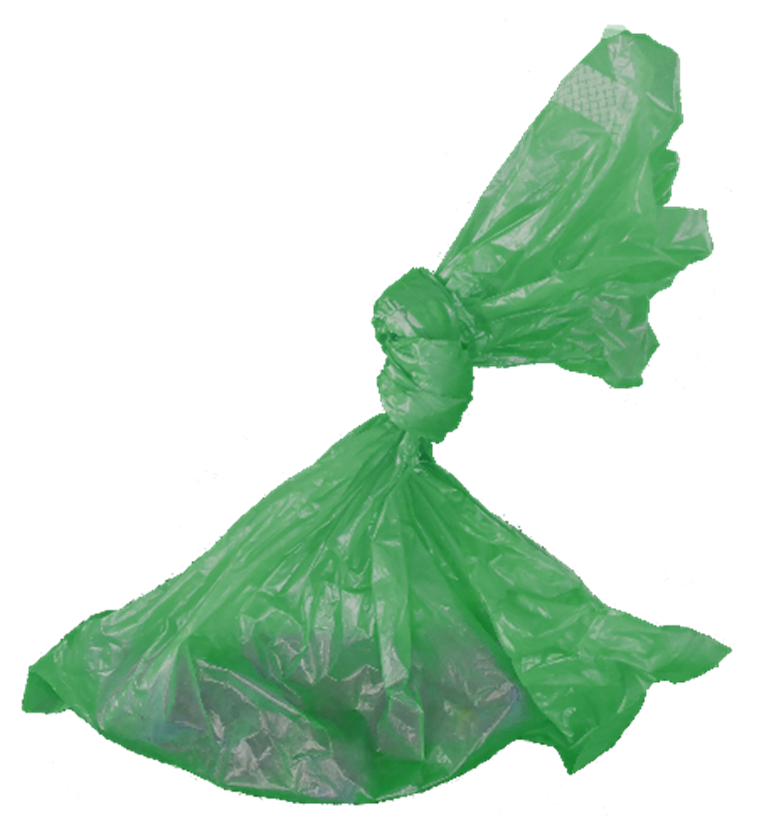 tied green bag with dog poop inside