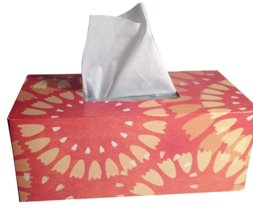 orange and yellow tissue box with one tissue out of the top