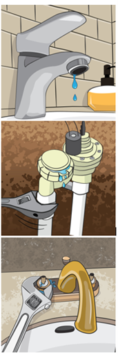 dripping faucet, wrench repairing a leaking irrigation valve, wrench repairing a leaking sink