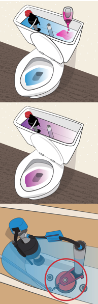 toilet tank with pink dye being added, dye in tank water seeping into toilet bowl, flapper in toilet replaced