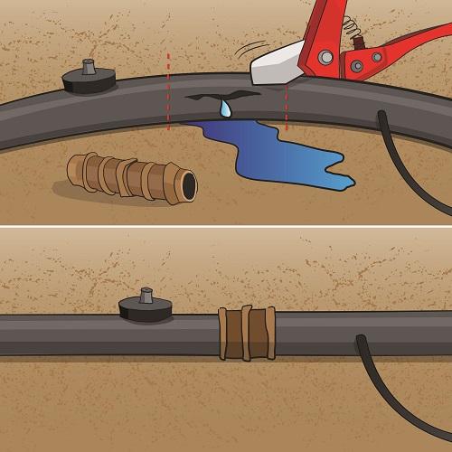 drip line with a crack in the line being cut and repaired