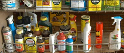 Image of multiple pesticide containers on two shelves with some being spray and some with caps.