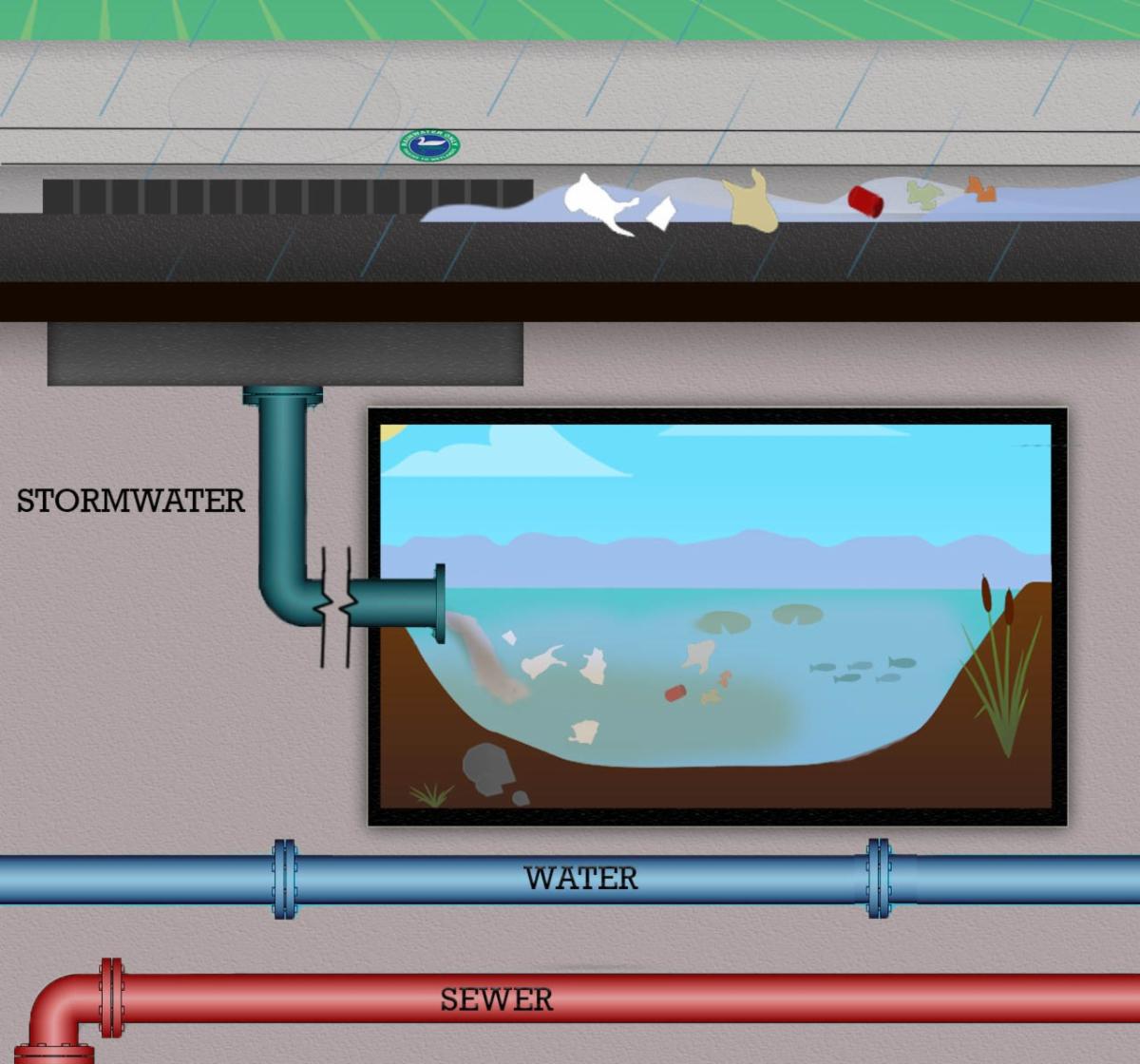 Image of a stormdrain with water with trash flowing into it and then down into a pond making the water in the pond dirty.