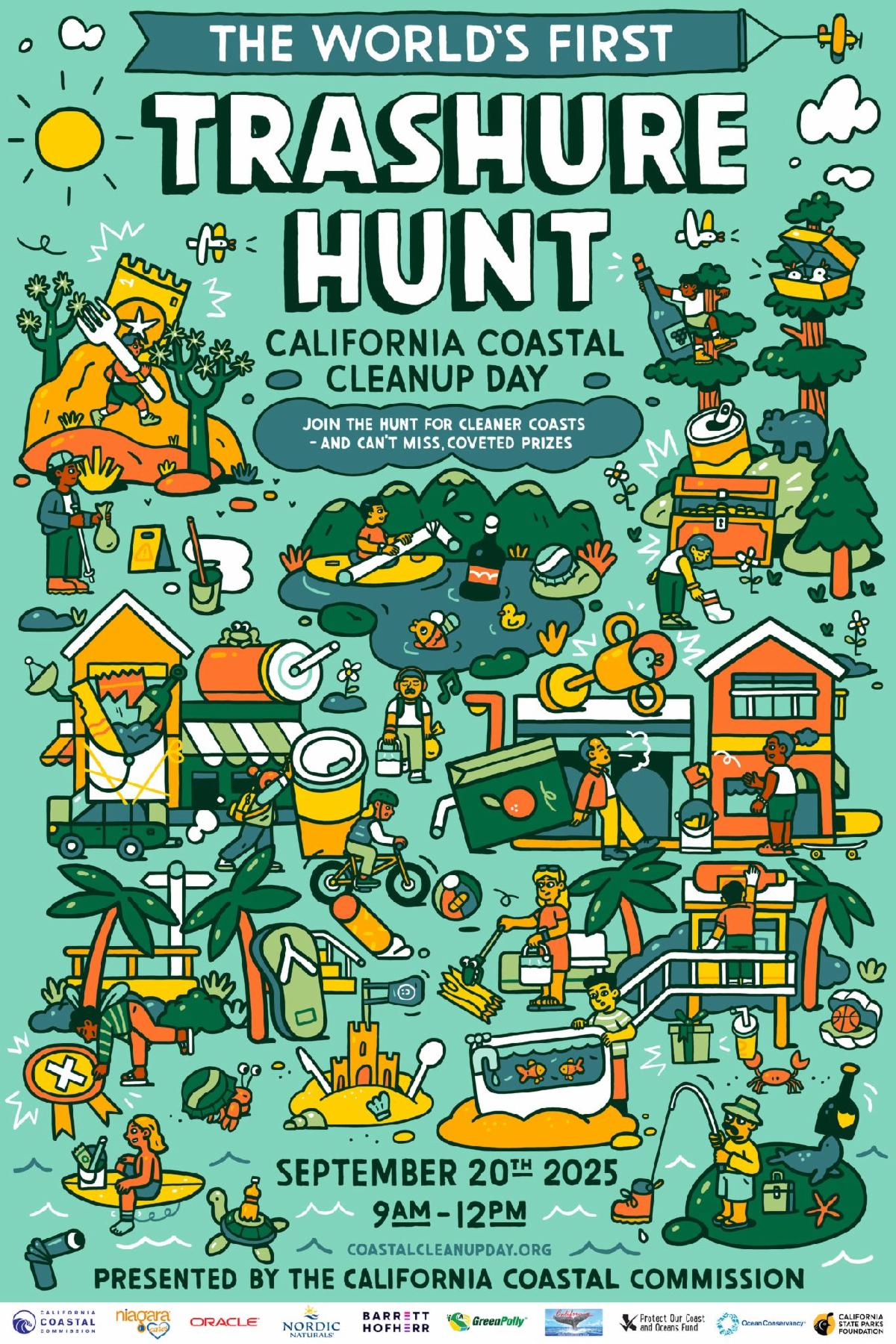California Coastal Cleanup Day poster image. Cartoon depiction of people in a variety of settings picking up trash